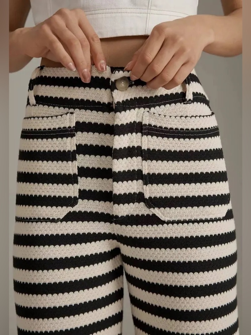 Anthropologie Maeve Colette Knit Crop Pants Black White Stripes in Size 32 - Picture 2 of 6